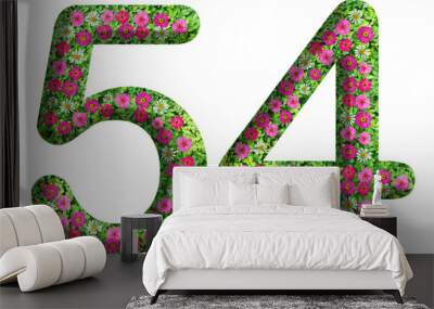 3d of the number 54 is made of green grass and beautiful flower isolated on transparent background. Go green concept for Memorial Day template Wall mural