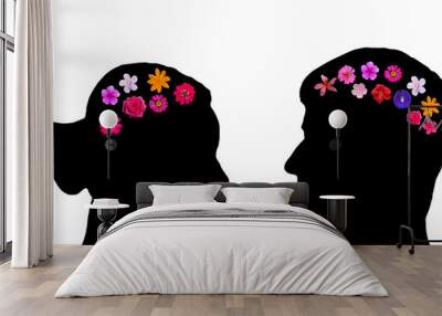 silhouette of person, men and women,  with flowery brain, as illustration a heart full of flowers, happy, falling love. on transparent background Wall mural