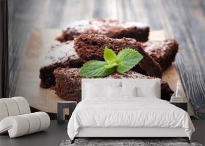 Cake chocolate brownies on wooden background Wall mural