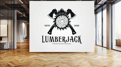 carpentry, woodworking, sawmill logo icon vintage vector illustration design, monochrome graphic art Wall mural