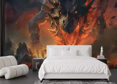 An epic battle between a brave armored paladin warrior and a giant epic fire dragon in a fantasy realm of myth and legend Wall mural