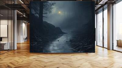 misty landscape of a forest at a lake with fog in the morning hours.  Wall mural