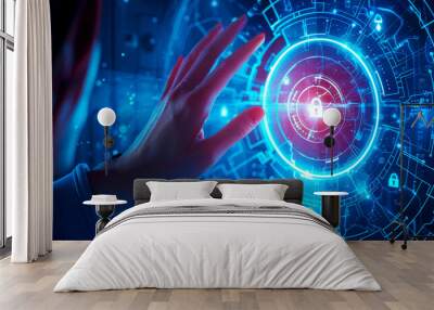 AI showing security system 1. icon 2. hand 3. key 4. hologram white background Wall mural