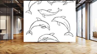 Hand drawn dolphins on white background. Vector  sketch illustration Wall mural