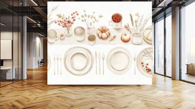 A beautifully arranged autumn table setting with plates, cutlery, and seasonal decorations, perfect for Thanksgiving inspiration. Wall mural