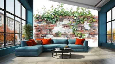 A textured brick wall overrun with vibrant green ivy, showcasing nature's reclaiming of a rustic, weathered surface. Wall mural