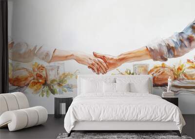 A warm watercolor depiction of two hands shaking across a dining table adorned with bread and flowers, symbolizing unity and connection. Wall mural