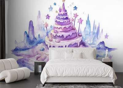 A whimsical watercolor illustration of a purple layered cake adorned with stars, set in a fantastical landscape. Wall mural