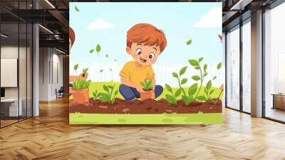 Three children are happily planting seedlings in a garden, surrounded by green plants and blue sky, emphasizing outdoor activities and gardening. Wall mural