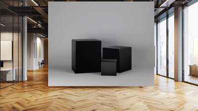 3D illustration and rendering concept backdrop of studio shooting set up of monochrome grey background and three black cube pedestals of various dimensions.  Wall mural