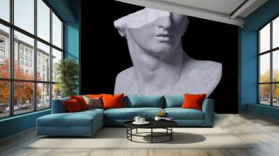 3D rendering illustration of a broken marble fragment of head sculpture in classical style in monochromatic grey tones isolated on black background.  Wall mural