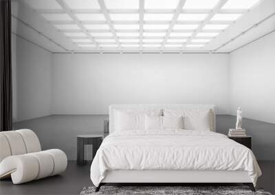 3D rendering illustration of blank walls white cube gallery room with bench for art show mockups. Wall mural