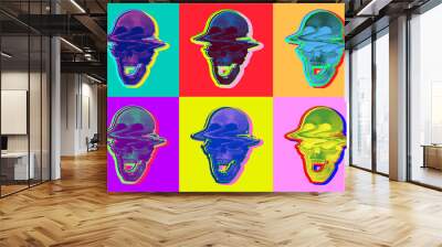 6 different screen printing dot halftone graphics of colorful glitched screaming skull from 3d rendering on colored backgrounds. Vector illustration in pop art style. Wall mural