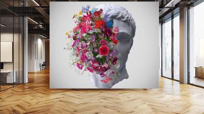 Abstract concept illustration from 3D rendering of classical head sculpture with colorful flowers burst isolated on grey background. Wall mural