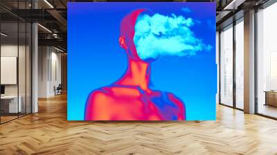 Abstract creative illustration from 3D rendering of female bust figure with cloudy face isolated on blue sky background in vaporwave style color palette gradient. Wall mural