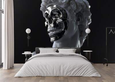 Abstract digital illustration from 3D rendering of a classical white marble head bust with missing face unveiling a silver chrome shiny skull inside and isolated on background. Wall mural