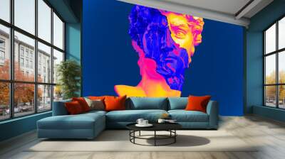 Abstract illustration from 3D rendering of a black and white marble bust of male classical sculpture broken in three pieces in vaporwave style psychedelic colors and isolated on colorful background. Wall mural