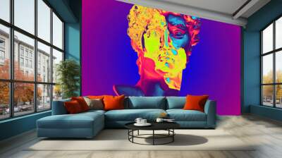 Abstract illustration from 3D rendering of a black and white marble bust of male classical sculpture broken in three pieces in vaporwave style psychedelic colors and isolated on colorful background. Wall mural