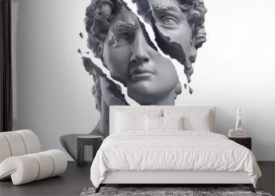 Abstract illustration from 3D rendering of a white marble bust of male classical sculpture broken shattered in three large pieces and tiny fragments. Wall mural