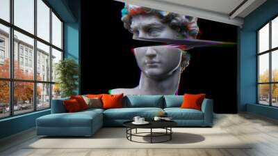 Abstract illustration from 3D rendering of digital corrupted male bust head of white marble sliced in two and isolated on dark background in glitch art style. Wall mural