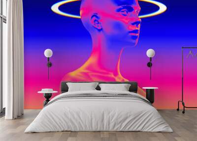 Abstract illustration from 3D rendering of female bust figure with white halo light ring isolated on background in vaporwave style color palette gradient. Wall mural