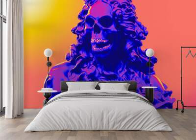 Concept illustration 3D rendering of baroque veiled black scary figure with skull face and silver shiny teeth isolated on grey background in dark art style and vaporwave modern color palette gradient. Wall mural