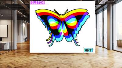 Glitch Art. Vector skull butterfly silhouette in CMYK color mode offset channels in the style of misprints and vintage paper misprints. Wall mural