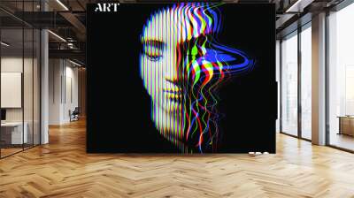 Halftone Art. Vector RGB color illustration from 3d rendering of side glitch distorted female face in vertical line halftone style isolated on black background. Wall mural