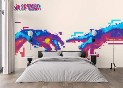 Reaching hands 8 bit color style design concept vector illustration isolated on background in vaporwave color palette. Wall mural