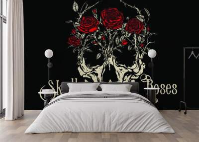 Skull Roses. Red wild roses growing on a skull head. Vintage tattoo style vector illustration on black background. Wall mural