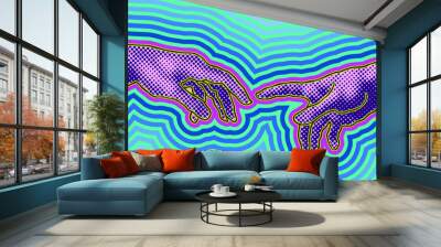 Vector hand drawn illustration of hands reaching in colorful red on blue dot halftone vaporwave pop art style. Wall mural