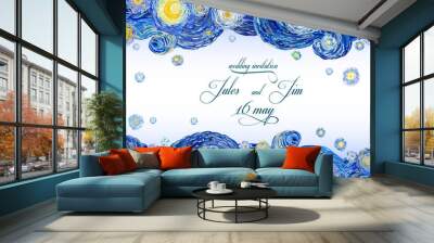 Vector pattern of starry night sky with glowing yellow moon and with blank central space in impressionist style suitable for anniversary cards or banners. Wall mural