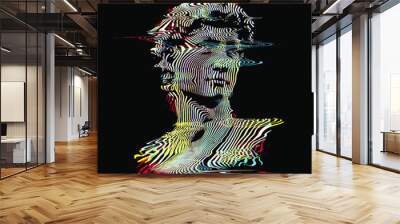 Vector RGB color mode offset and distorted wavy line halftone illustration of male classical head sculpture from 3d rendering isolated on black background. Wall mural