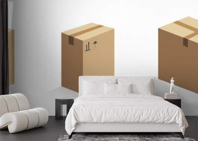 Boxes on wooded pallet illustration, flat style warehouse cardboard parcel boxes stack front view image Box on pallet in warehouse. Cardboard boxes in front on wooden palettes. Icon of delivery Wall mural