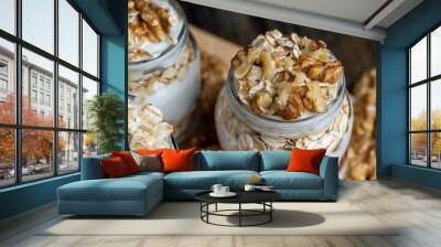 Fresh delicious yogurt made from milk with walnuts Wall mural