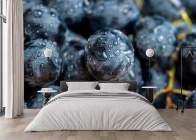 Wet black and blue grapes on the table Wall mural