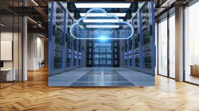 digital cloud hovering above a modern server room, Cloud Computing concept. Cloud storage at data center, server room cloud storage, business technology, business concept Wall mural