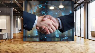 networking business, business collaboration with a digital network, two businessmen shaking hands Wall mural