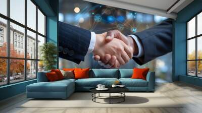 networking business, business collaboration with a digital network, two businessmen shaking hands Wall mural