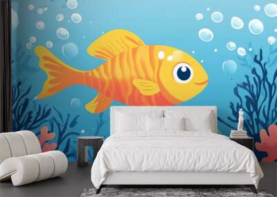 A cartoon fish swimming in the ocean surrounded by bubbles and coral. Wall mural