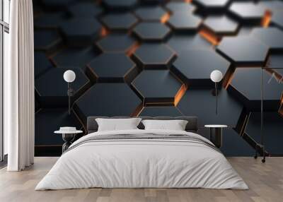 A close-up of a black honeycomb pattern with glowing orange edges, creating a futuristic and abstract background. Wall mural