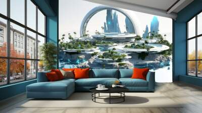 A futuristic city built on a tropical island. The city is surrounded by water and features a large, white archway. Wall mural