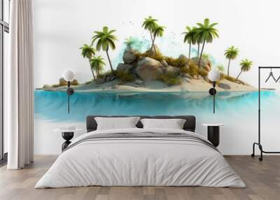 A tropical island with palm trees and rocks, half submerged in the clear blue water. Wall mural