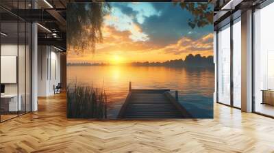 A wooden dock stretches out over calm water at sunset. Wall mural