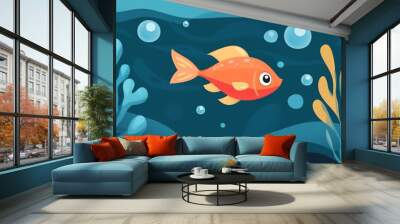 An orange fish with big eyes swims amongst blue and yellow seaweed in an underwater scene. Wall mural