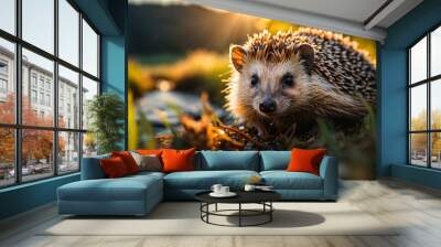 A curious hedgehog explores a sunlit meadow, its spiky coat catching the warm light. Its dark eyes and inquisitive gaze draw you in, capturing the essence of this unique creature. Wall mural