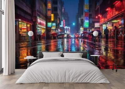 photos of the city with aesthetic neon lights, light reflections on wet streets, amazing light effects Wall mural