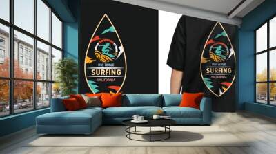 textured colorful surfing t-shirt design. T shirt print design with big wave. T-shirt design with typography of surfing for tee print, apparel and clothing. Wall mural