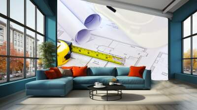 Hard hat and building plans Wall mural