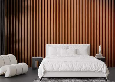 Acoustic fluted wood panel. Plant leaf shadow falling onto panel. Wall mural